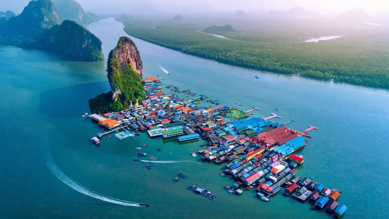 A birds eye view of koh panyee island and the amazing floating village, near james bond island