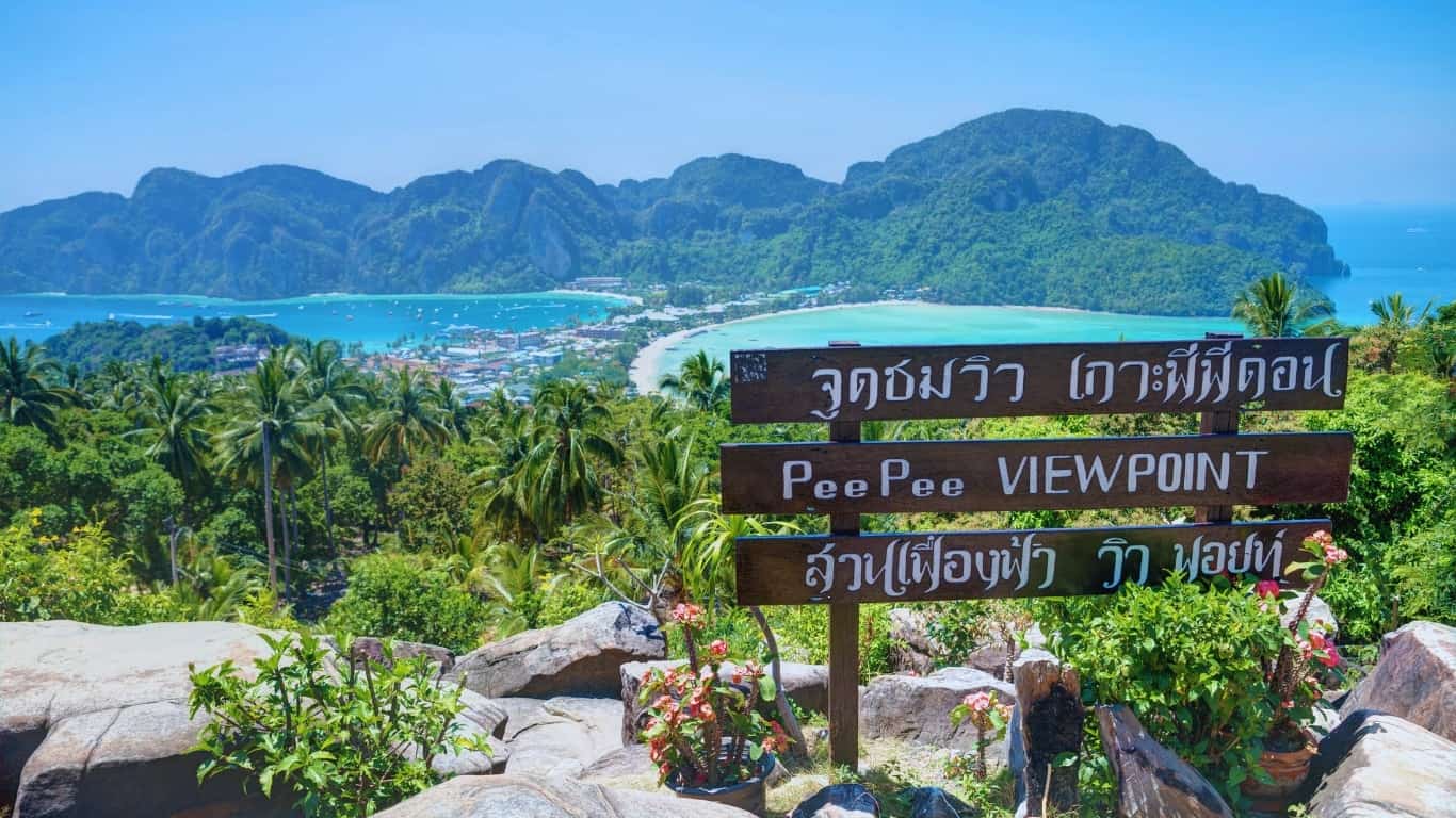 Koh phi phi islands viewpoint of loh dalum bay and tonsai bay and pier