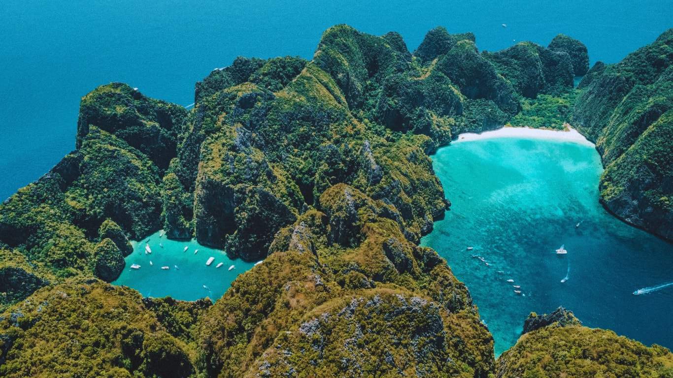 Aerial view of maya bay and pileh lagoon, phi phi islands