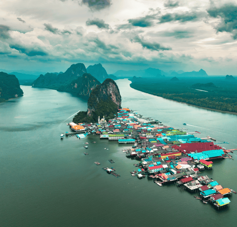 James bond soaring above floating village